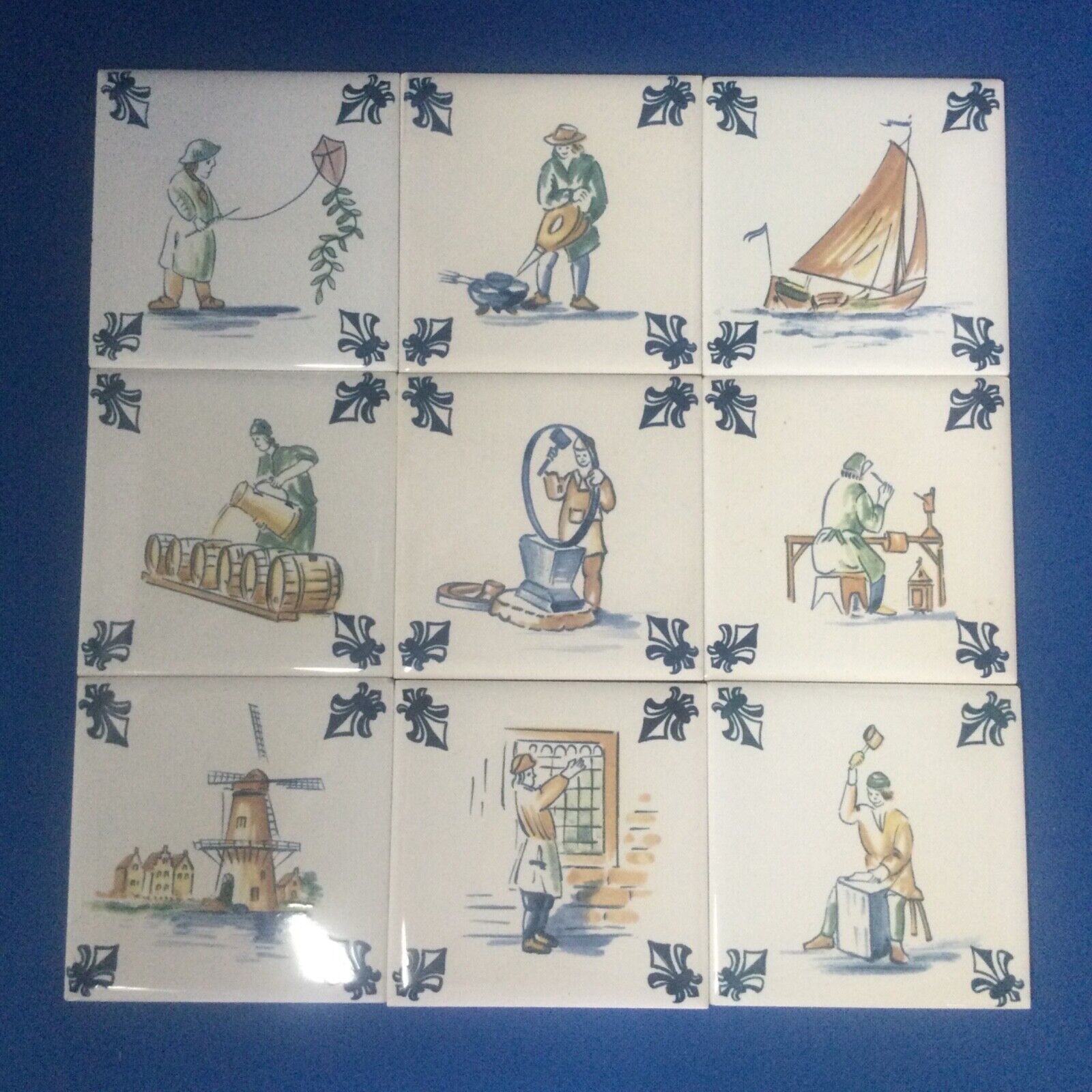 Vintage KLM Airlines Dutch Delft Ceramic Tile Coasters, Business Class, Lot of 9