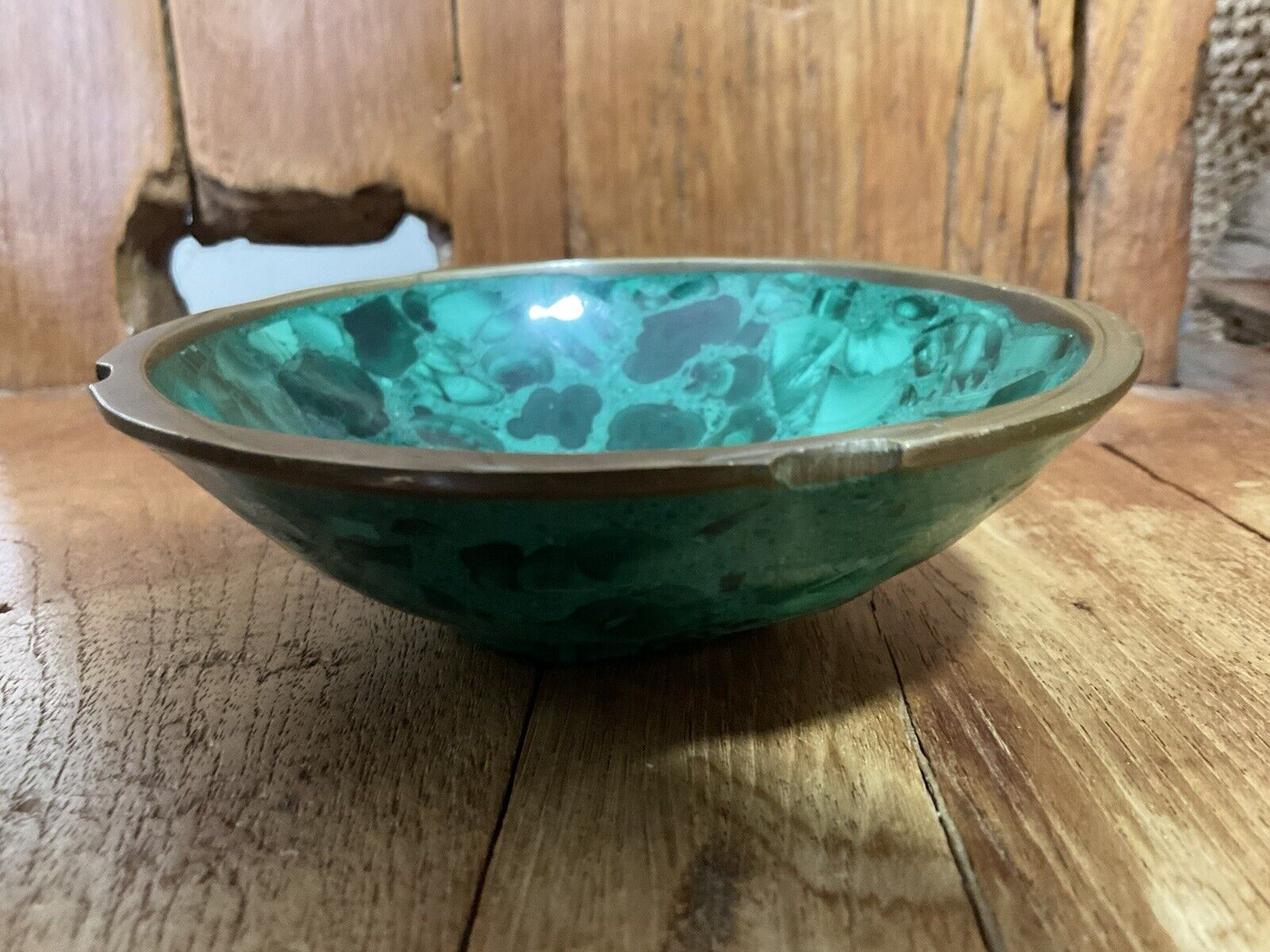 Malachite Dish Bowl Green Brass Rimmed, In used condition