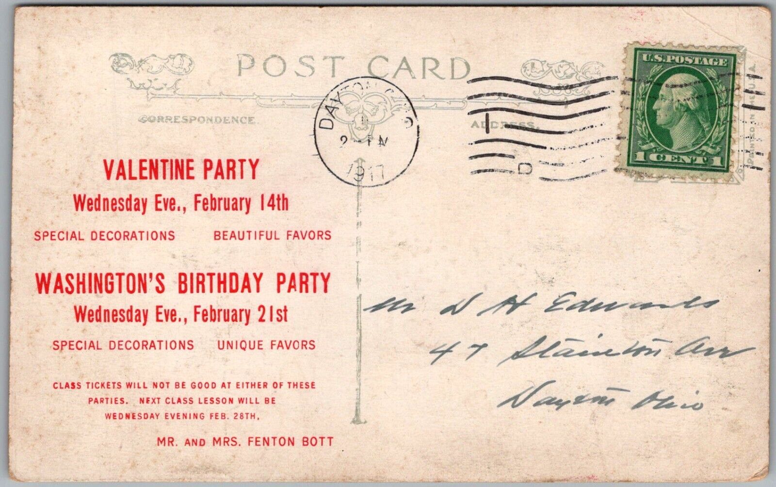 Postcard Valentines Party-Dayton, Ohio-Fenton Bott Dancing Academy Invitation Gc