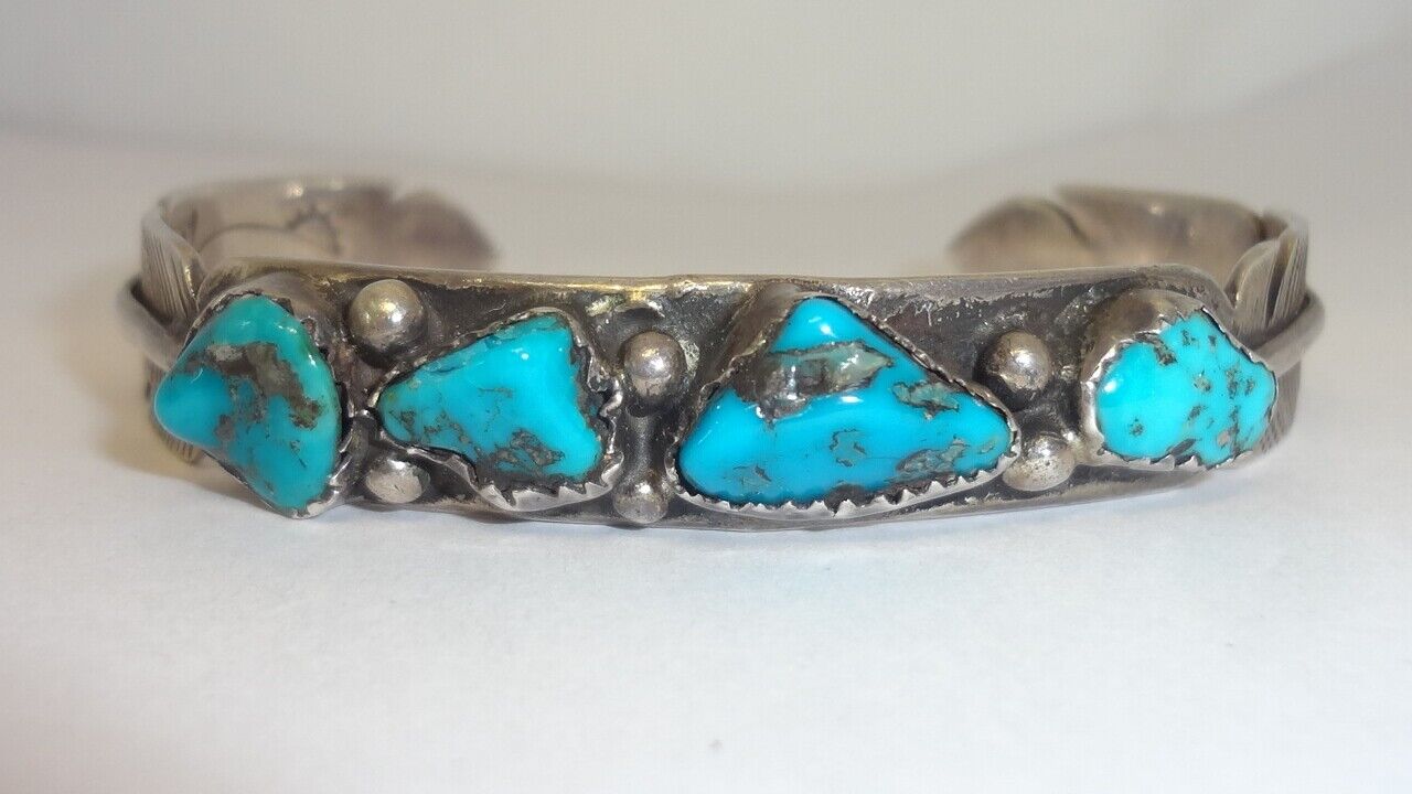 Vintage Navajo Sterling Silver Turquoise Feather Cuff Bracelet Signed w/Picto