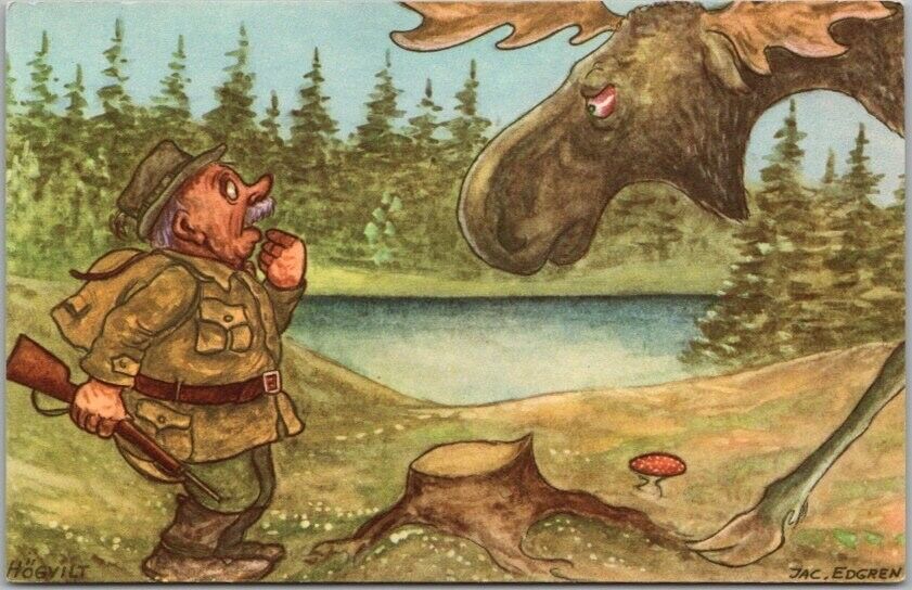 Vintage Swedish Comic Postcard Hunting / Hunter & Moose - Artist-Signed HOGVILT