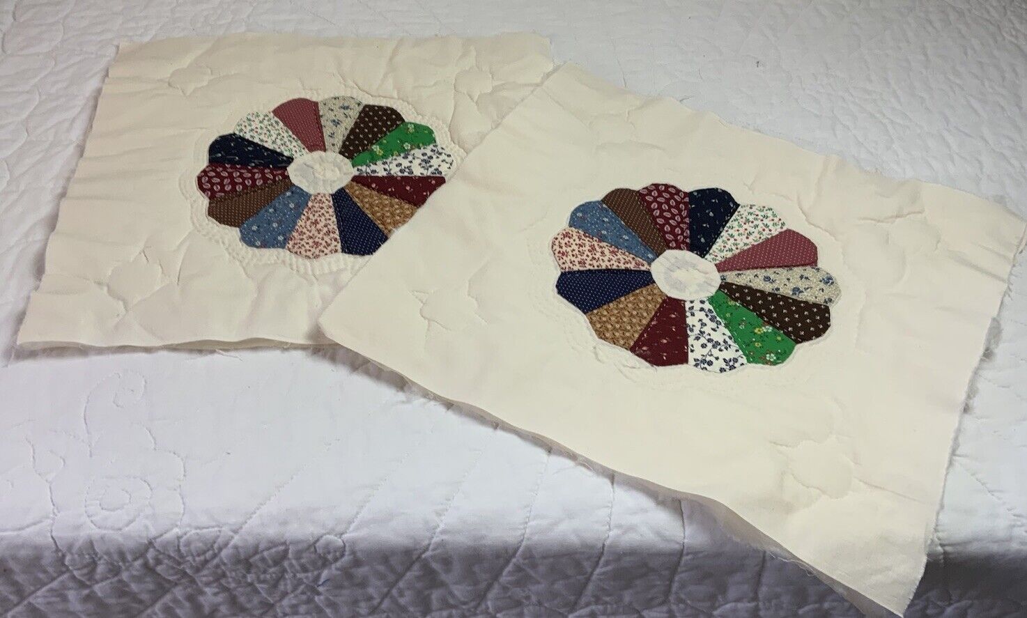 Two Patchwork Quilt Blocks, Dresden Plate, Hand Quilted With Backing, Unbound