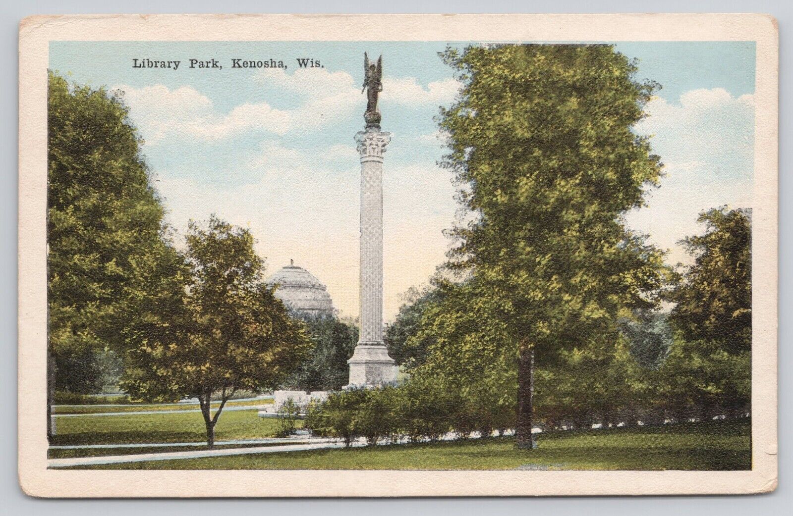 Kenosha Wisconsin WI Library Park Monument Vintage Postcard