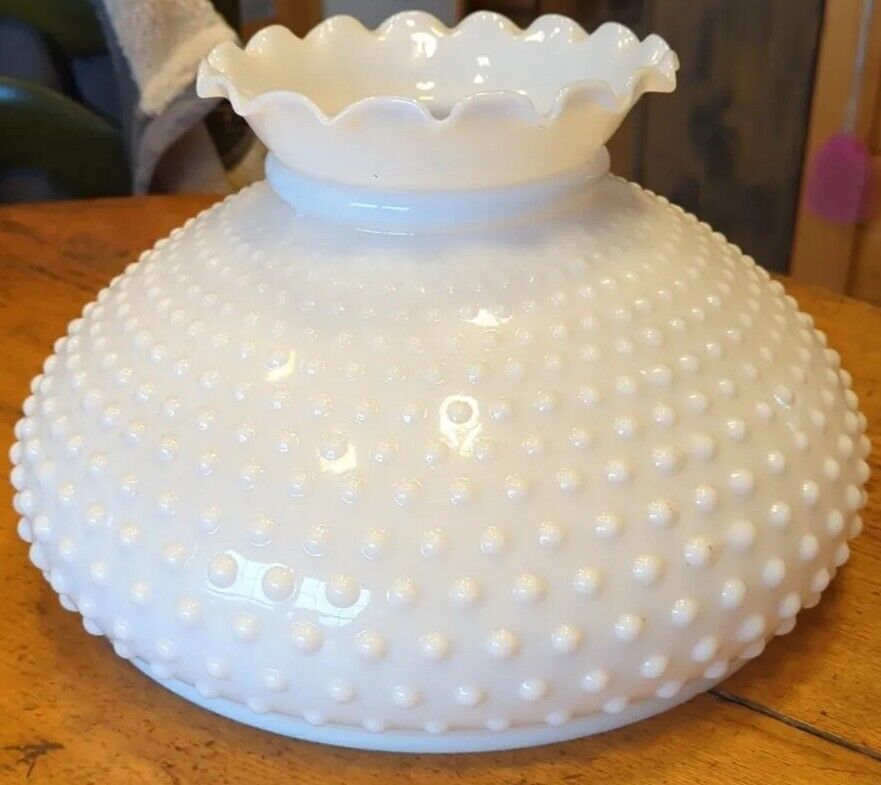 Very Large White HOBNAIL MILK GLASS Ruffled Top HANGING LAMP SHADE Only 