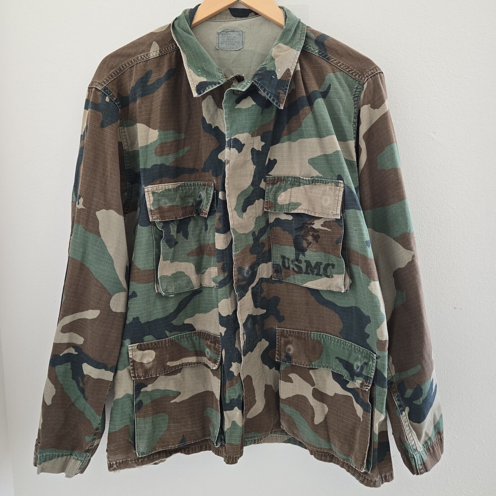 Vintage Official 1980\'s USMC Uniform WOODLAND Combat Camo Shirt Jacket Med LG