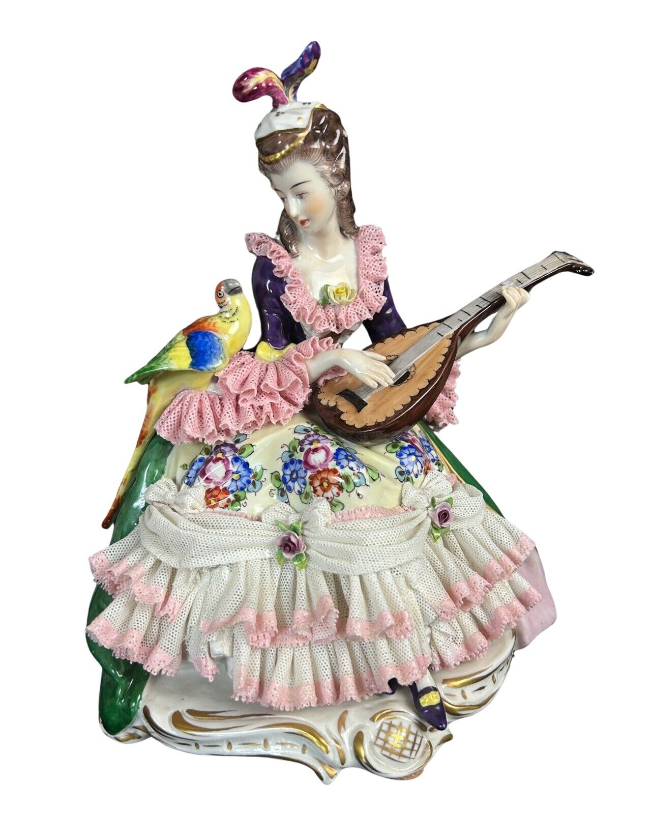 Vintage Dresden Lace Volkstedt Figurine Woman With Parrot & Mandolin 9.5”