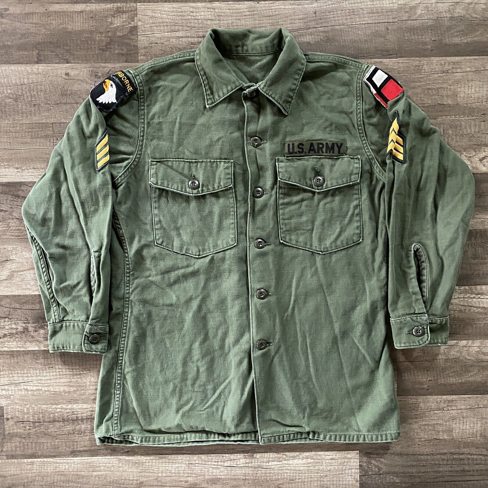 Vintage Vietnam OG 107 Cotton Sateen Utility Shirt Fatigue US With Patches
