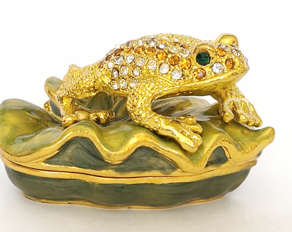 Small Gold FROG on leaf hinged trinket box jeweled enameled 1.5