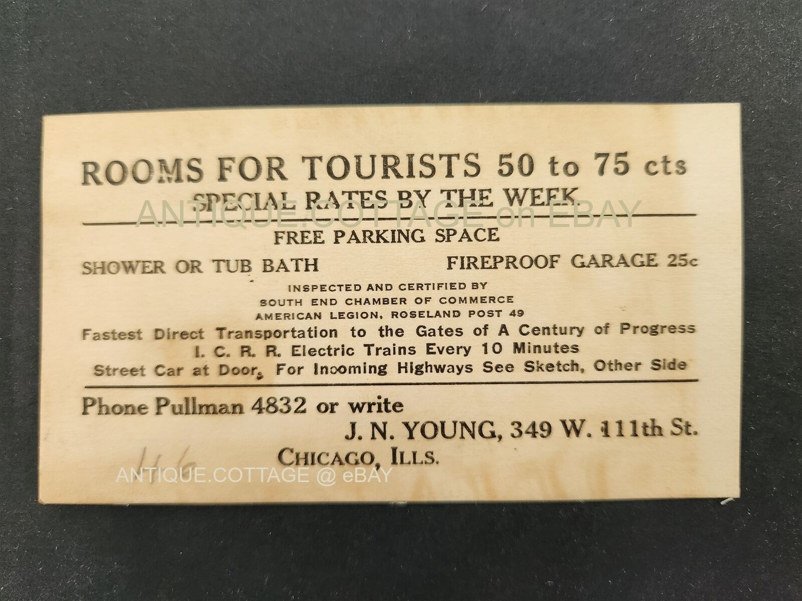 antique ROOMS for TOURISTS 50-75cts chicago il J N YOUNG at 349 W 111th Street 
