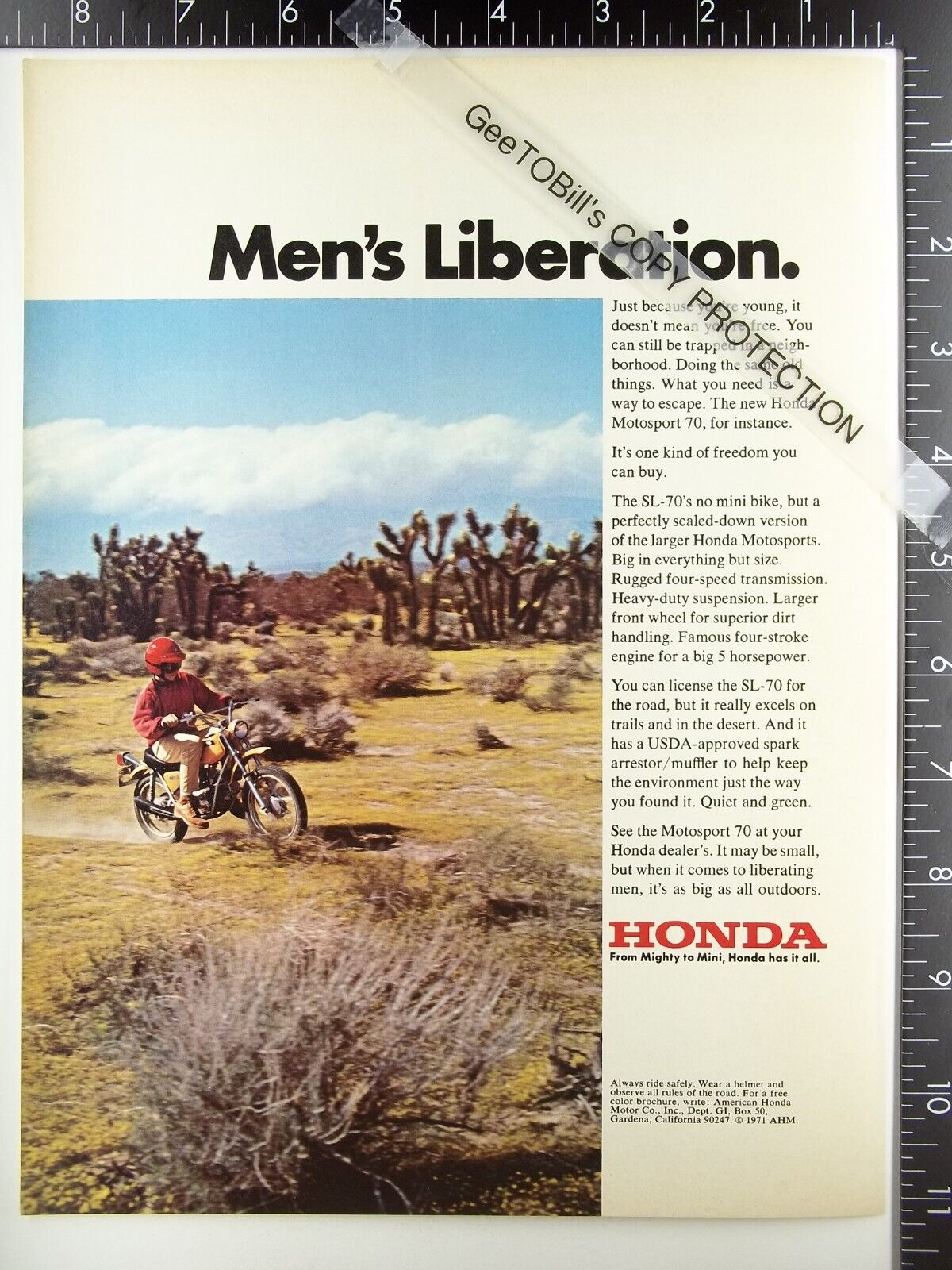 Honda Motorsport SL-70 70 cc engine motorcycle vintage 1971 advertisement 71 ad