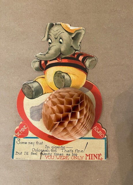 Vintage Honeycomb Valentines Card Circus Elephant 1940s