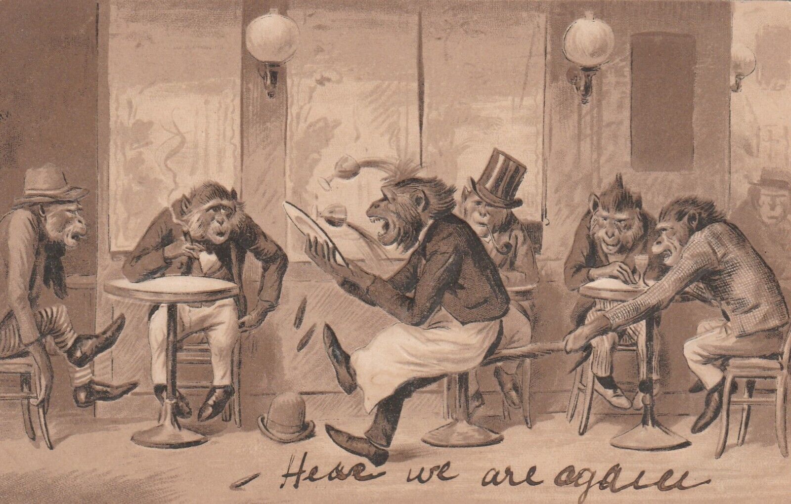 Fantasy dressed Monkeys in bar postcard u1903