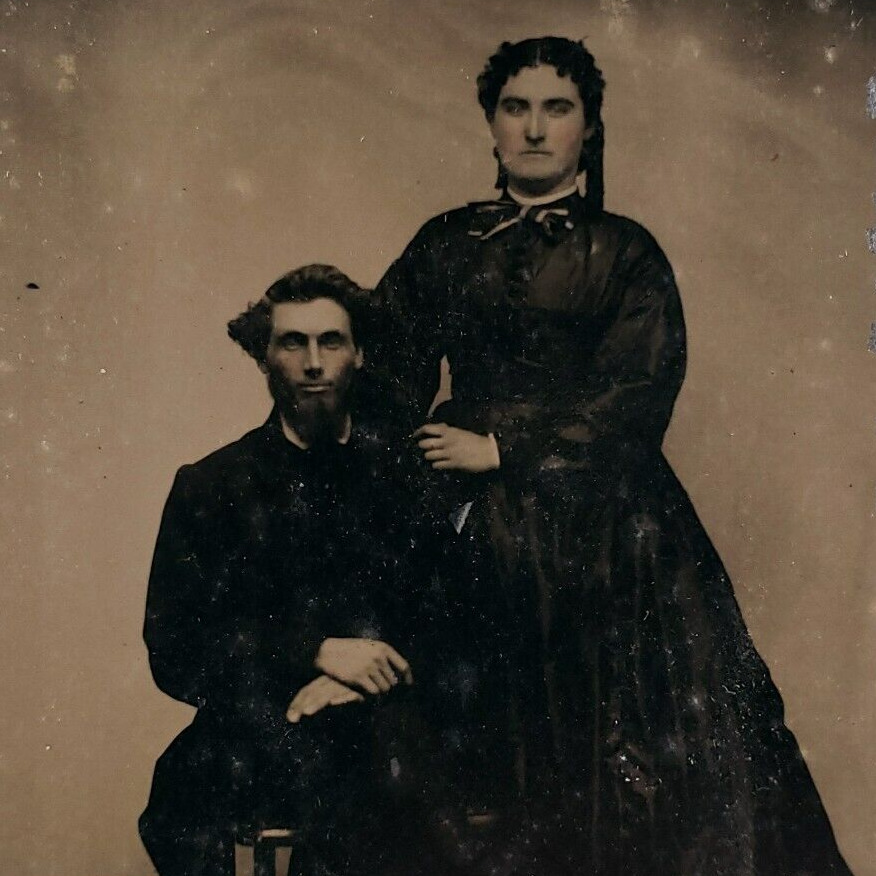 Fancy Young Goth Couple Tintype c1870 Antique 1/9 Plate Photo Woman Man A1269