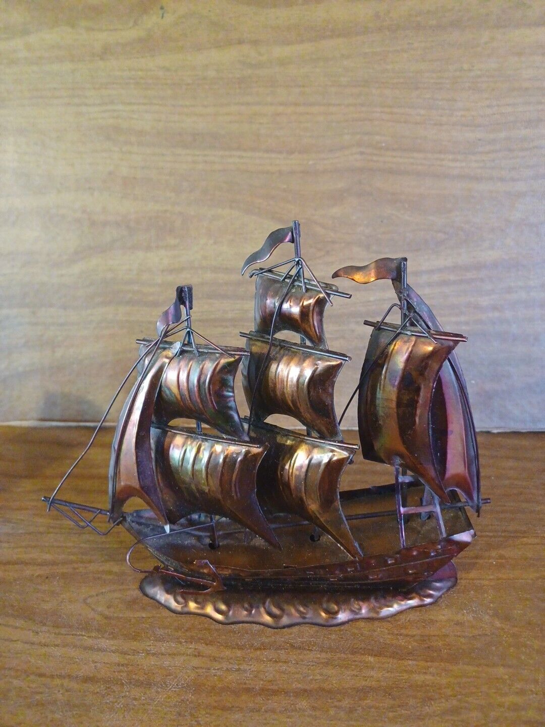 Vtg Copper Tone Tin Metal Sailing Ship Nautical Decor Sculpture Clipper 