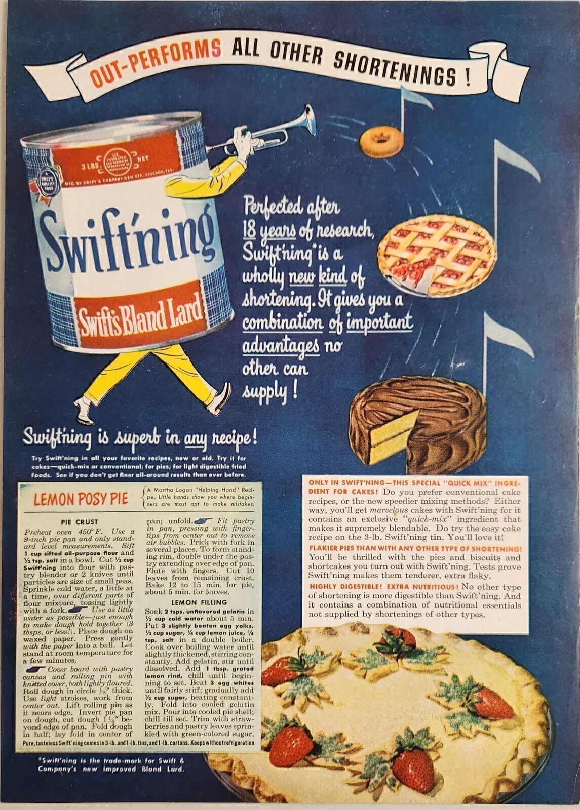 1948 Print Ad Swift\'ning Swift\'s Bland Lard Superb Lemon Posy Pie Recipe 