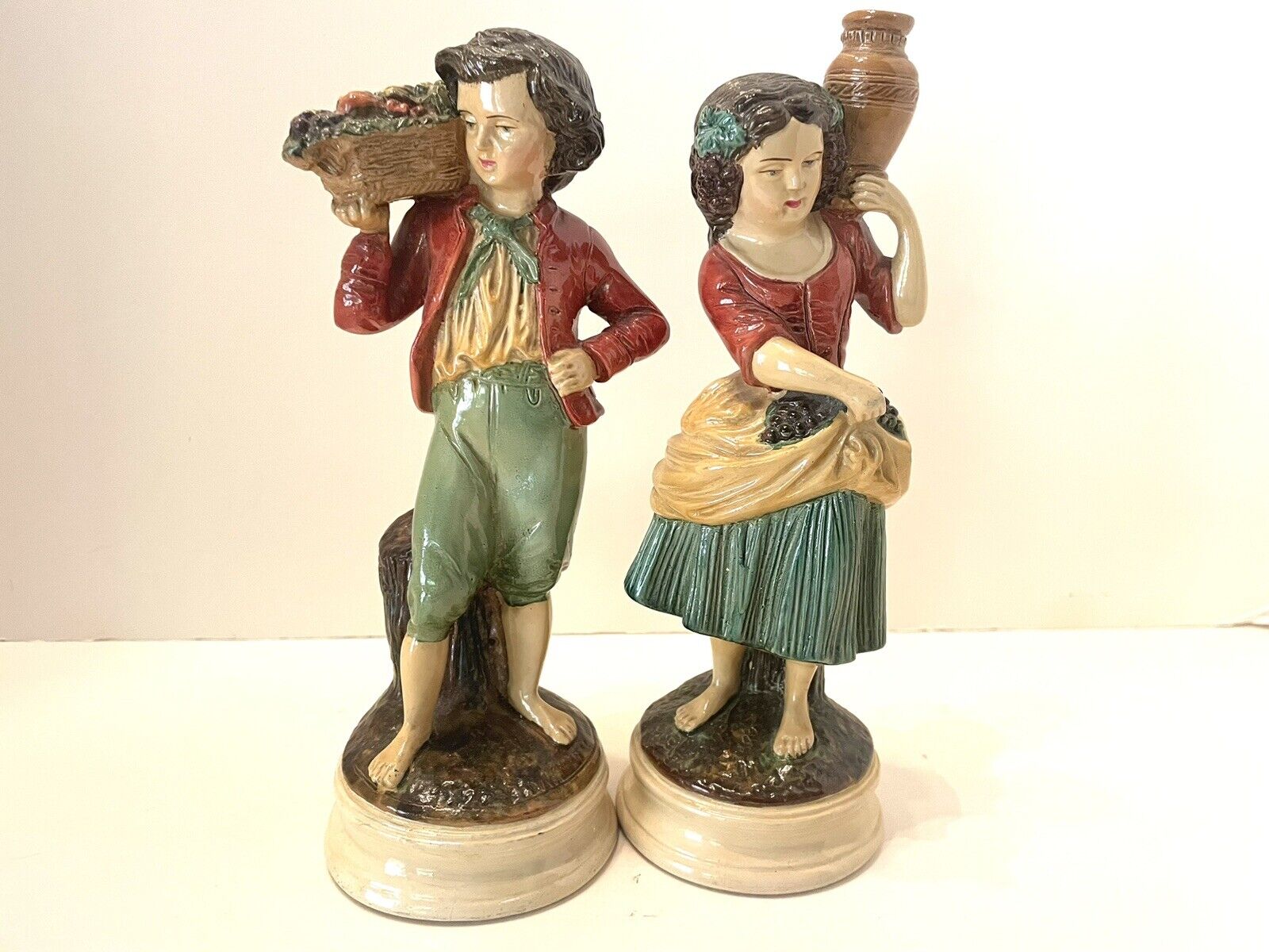 Vintage Italian Borghese Boy and Girl Chalkware Figurines Wine Grapes
