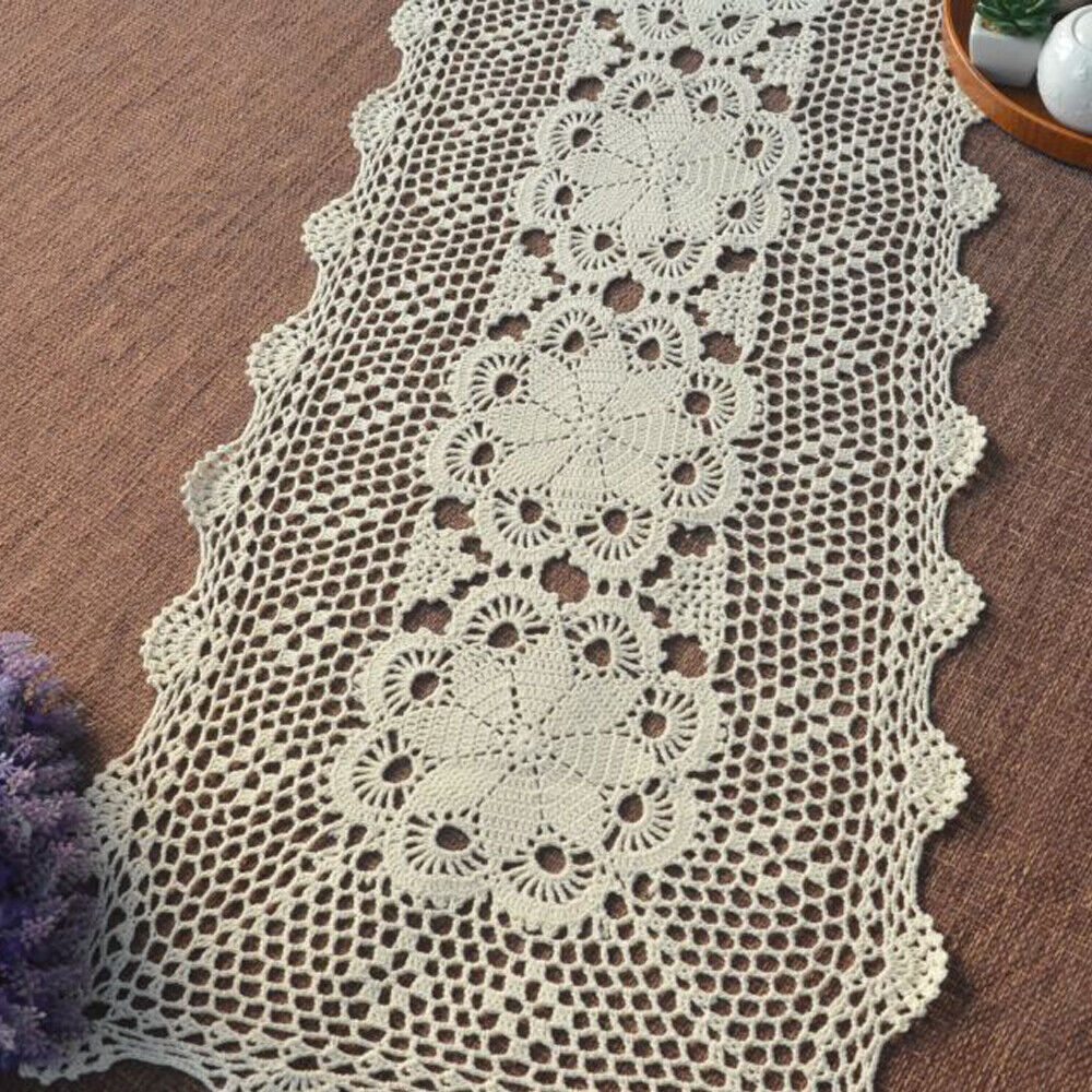 Vintage Hand Crochet Cotton Lace Table Runner Dresser Scarf Doily Wedding Decor