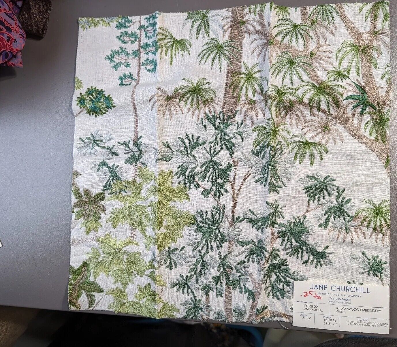 Jane Churchill Cowtan Kingswood Embroidery -Green Fabric Sample 15 3/4\