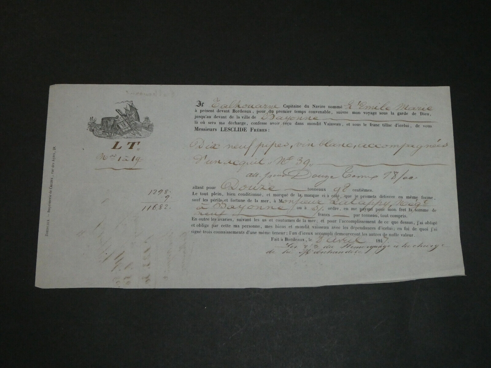 Maritime bill of lading 1847, from Bordeaux to Bayonne pale blue