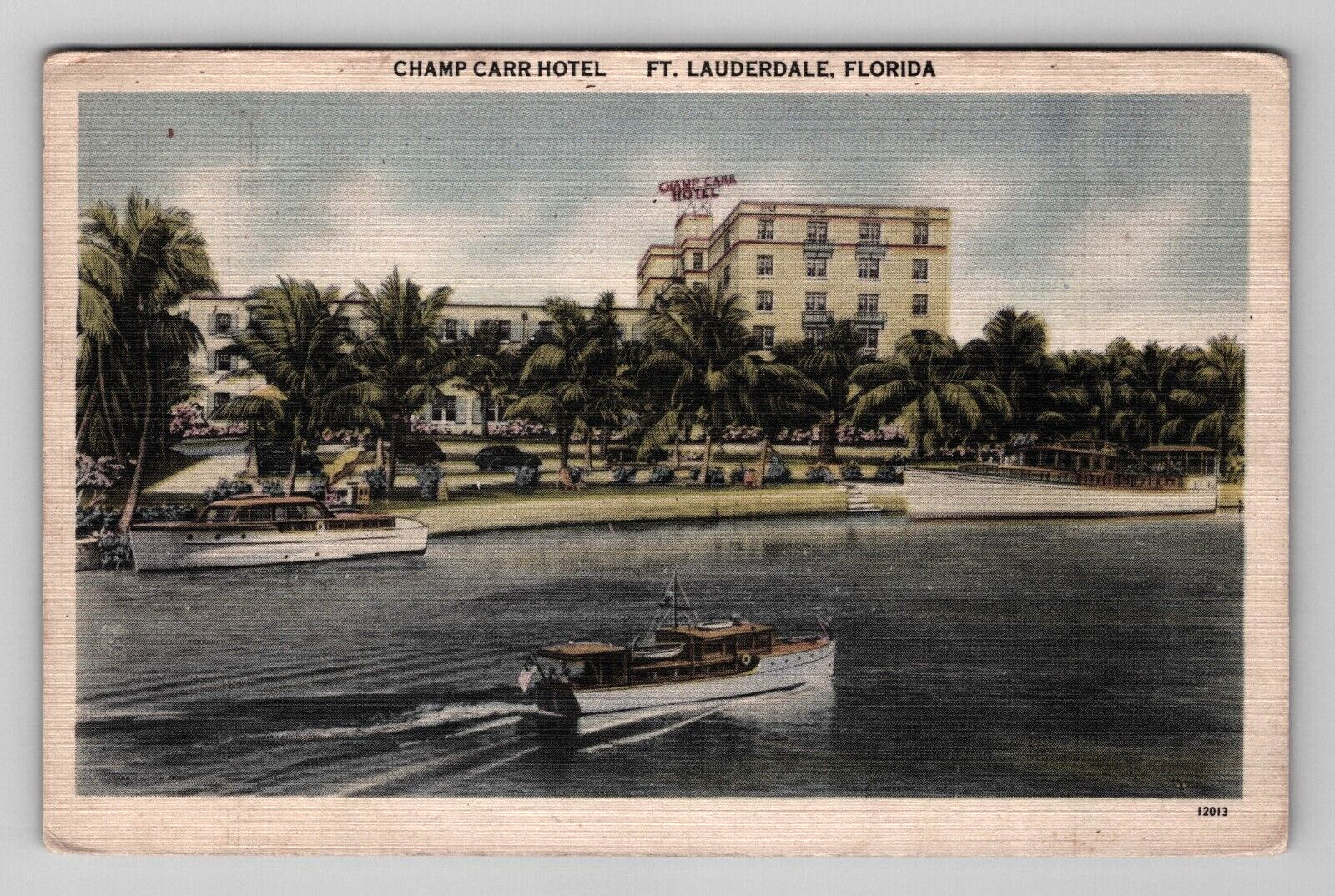 Postcard Linen FL Champ Carr Hotel Motel Resort Boats View Ft Lauderdale Florida