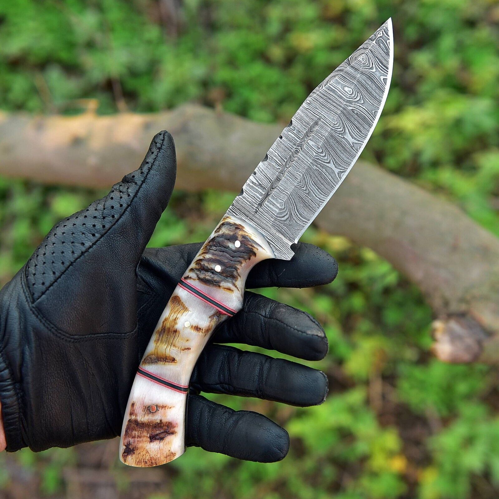 Custom Handmade Damascus Hunting Fixed Blade Knife with Sheath, Ram Horn Handle