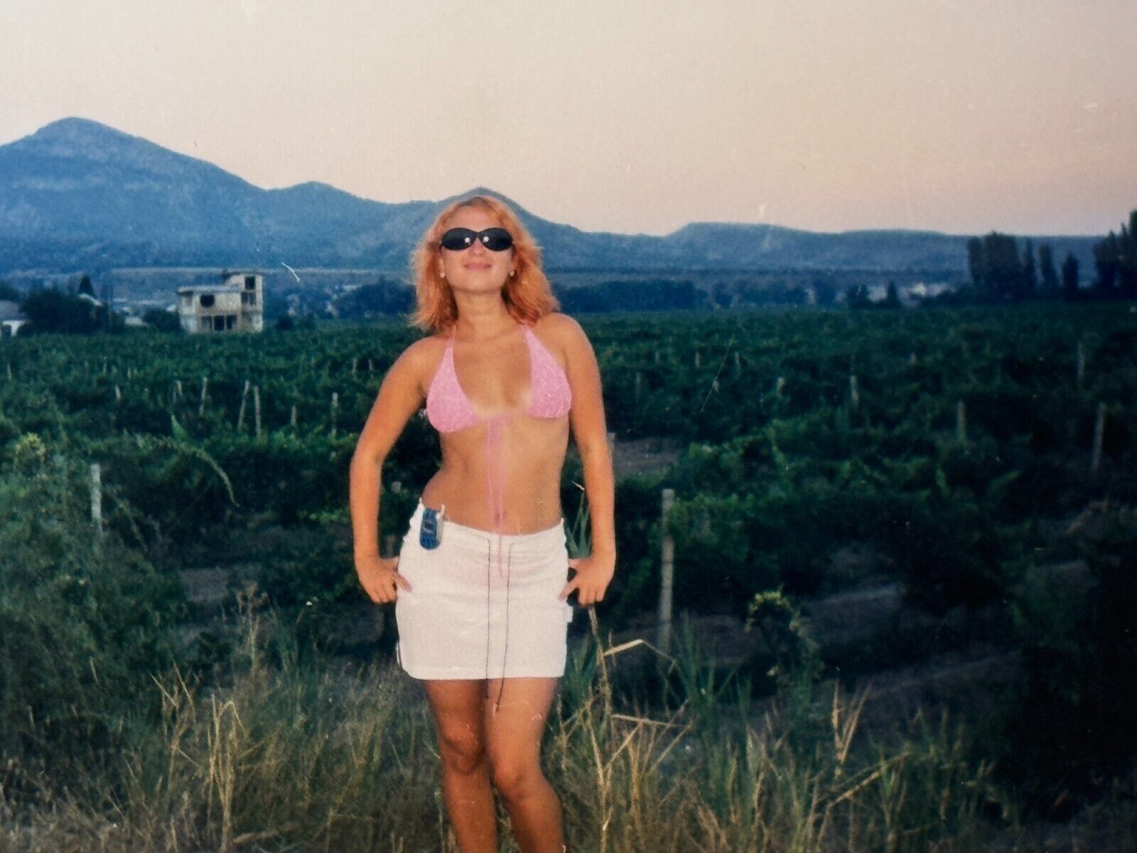 2000s Retro Photo Redhead Slender Young Woman Bikini Posing Evening Mountains