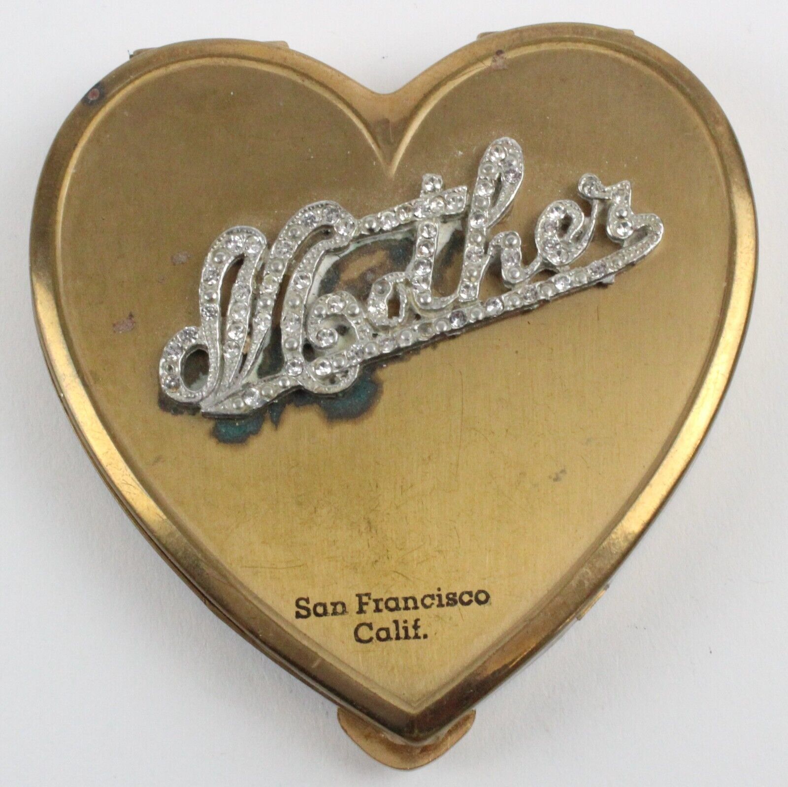 Superb USA Compact Heart MOTHER rhinestone and puff Mirror cracked San Francisco
