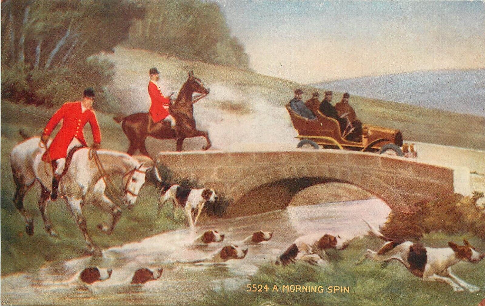 Art Postcard 5524. Fox Hunting Riders & Hounds, A Morning Spin, Passing Car