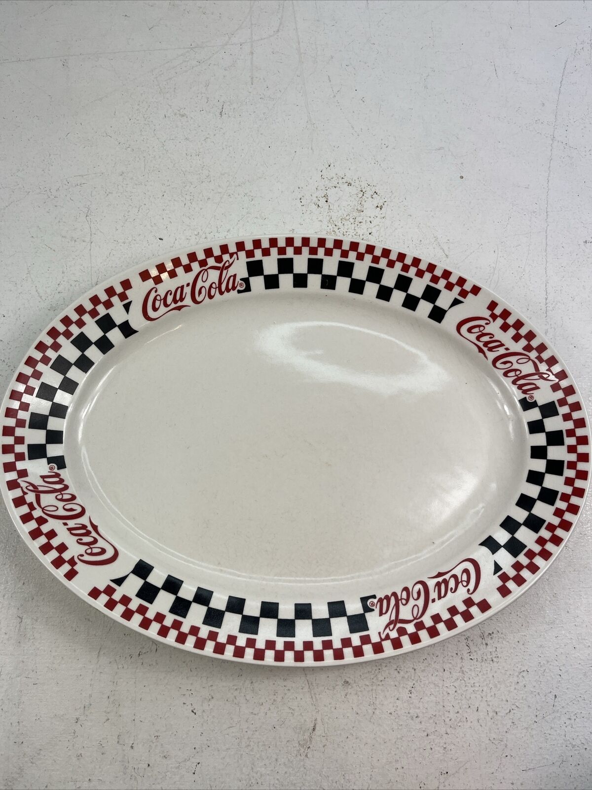 Vtg. 1996, Coca Cola Serving Platter. 13.5”. Checkered Pattern. Oval.