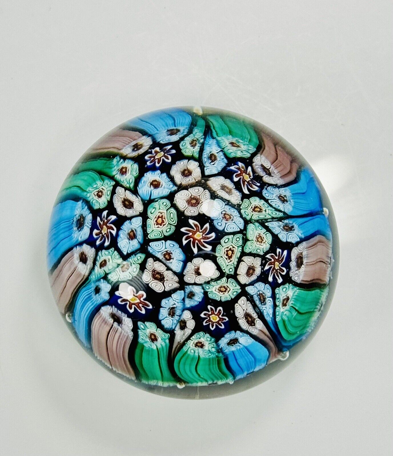 Millefiori Paperweight Jewel Tones Blue, Green And Mauve Floral Design