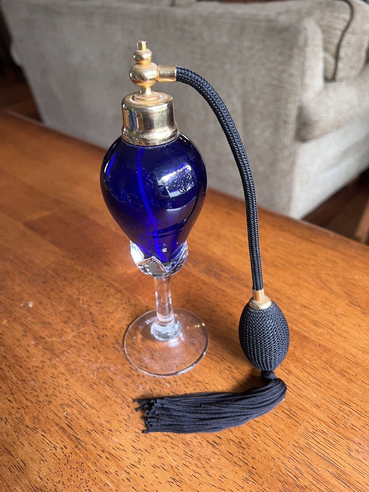 Vintage Tall Glass Perfume Bottle Atomizer Cobalt Blue Vanity Black Gold 8.5”