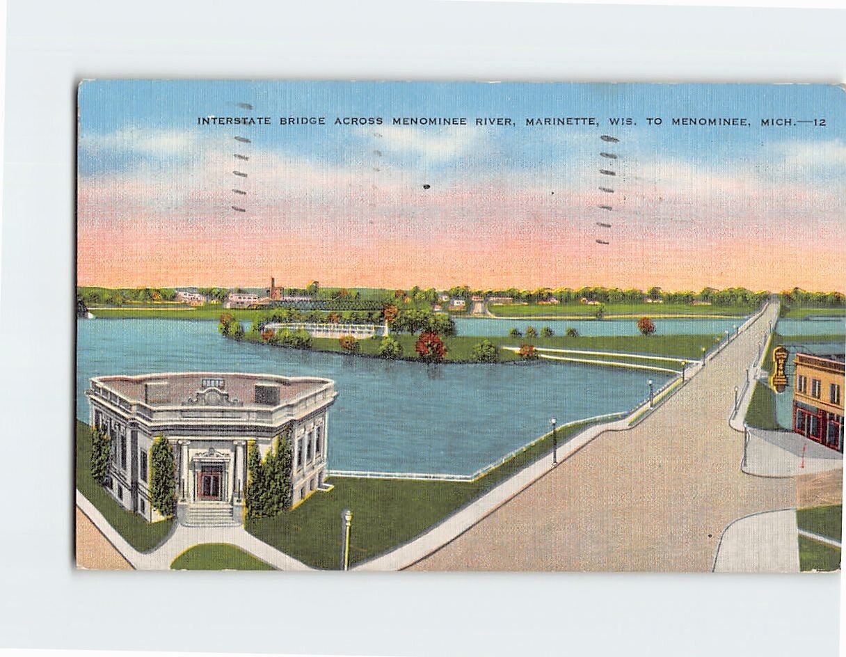 Postcard Interstate Bridge Across Menominee River Marinette Michigan USA