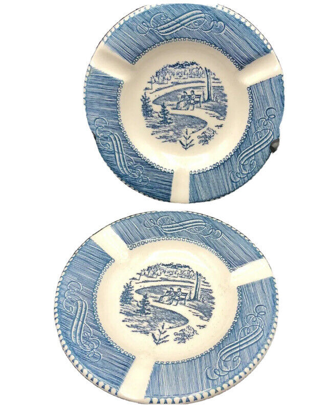 Lot of 2 Royal China CURRIER & IVES Blue white Ashtrays Vintage Ironstone Fun