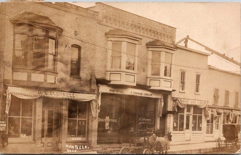RPPC Postcard Horse Carriage Post Office Jeweler Harness Shop Montello WI   9748