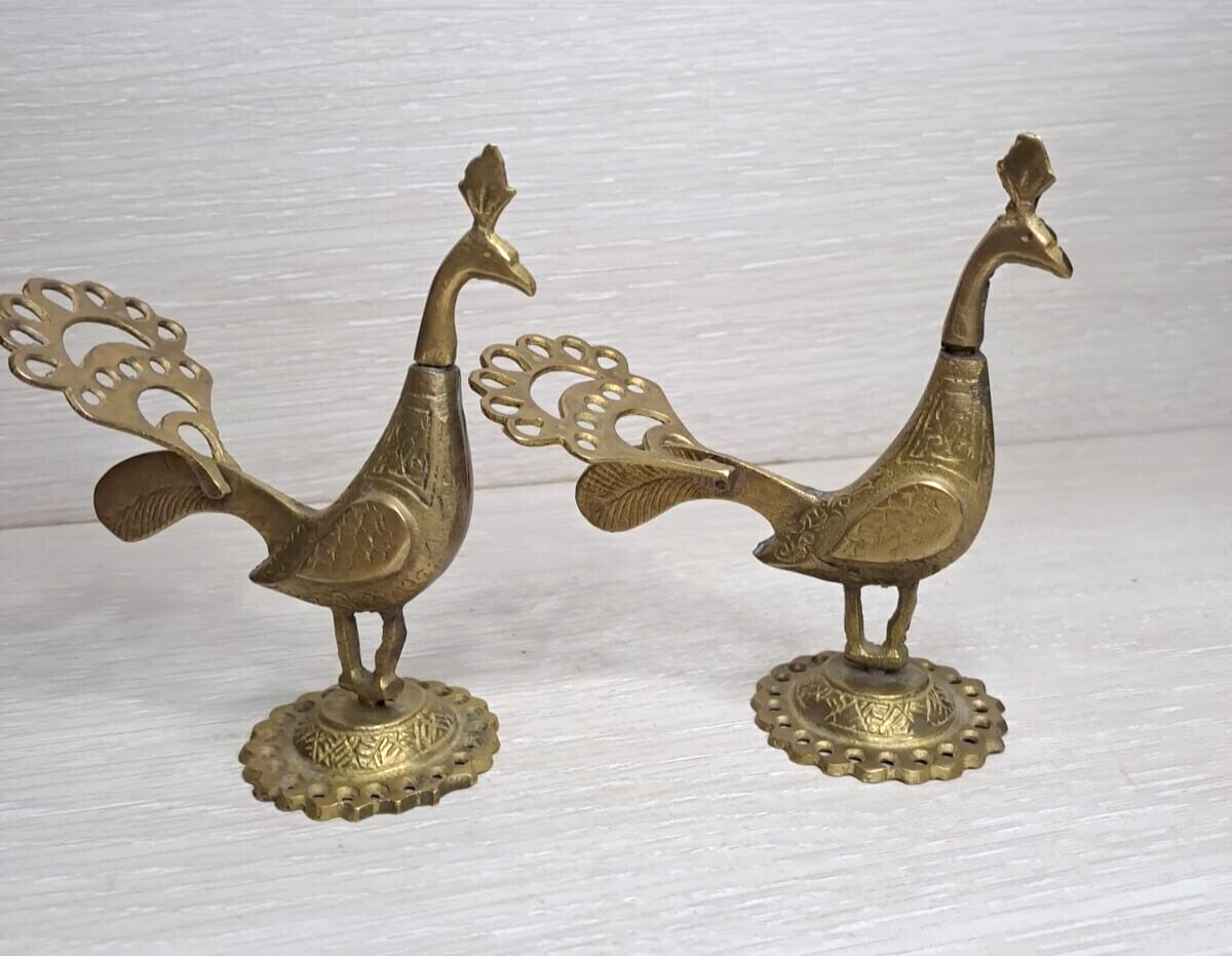 Antique Eyeliner Brass Peacock Stand Vintage Unique Set Of 2 Peacocks Genuine