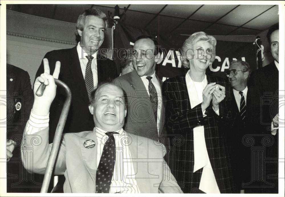 1991 Press Photo James Brady gives victory sign after passage of \