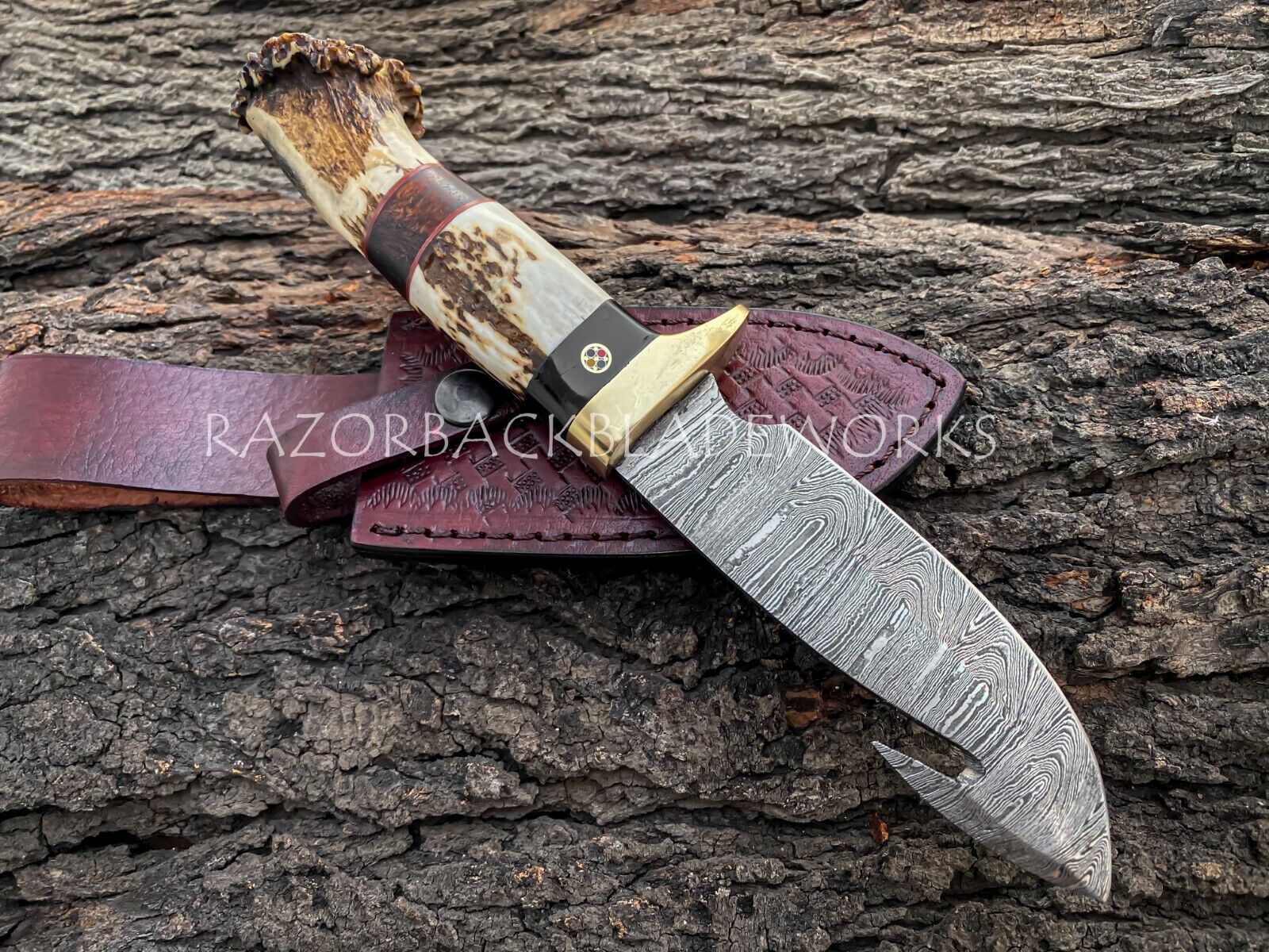 10'inch Custom HAND FORGED DAMASCUS STEEL HUNTING KNIFE STAG Antler HANDLE