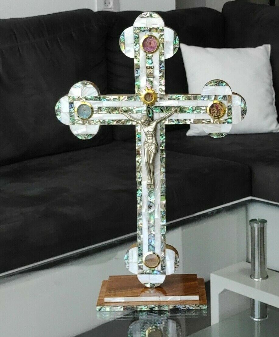 Mother of Pearl Cross Extra large Standing Jerusalem olive Wood Hand Made Church