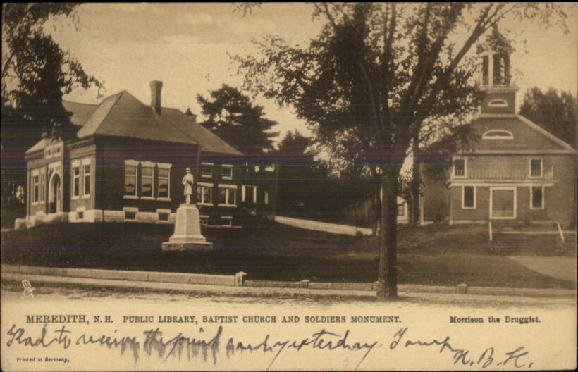Meredith NH Library Church Soldiers Monument TUCK 031 c1905 Postcard