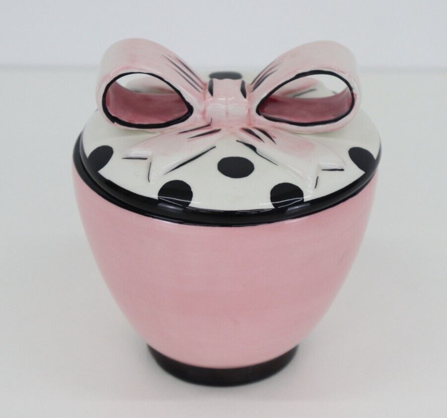 Brighton Ceramic Trinket/Storage Container Black Polka Dot & Pink Bow Lid