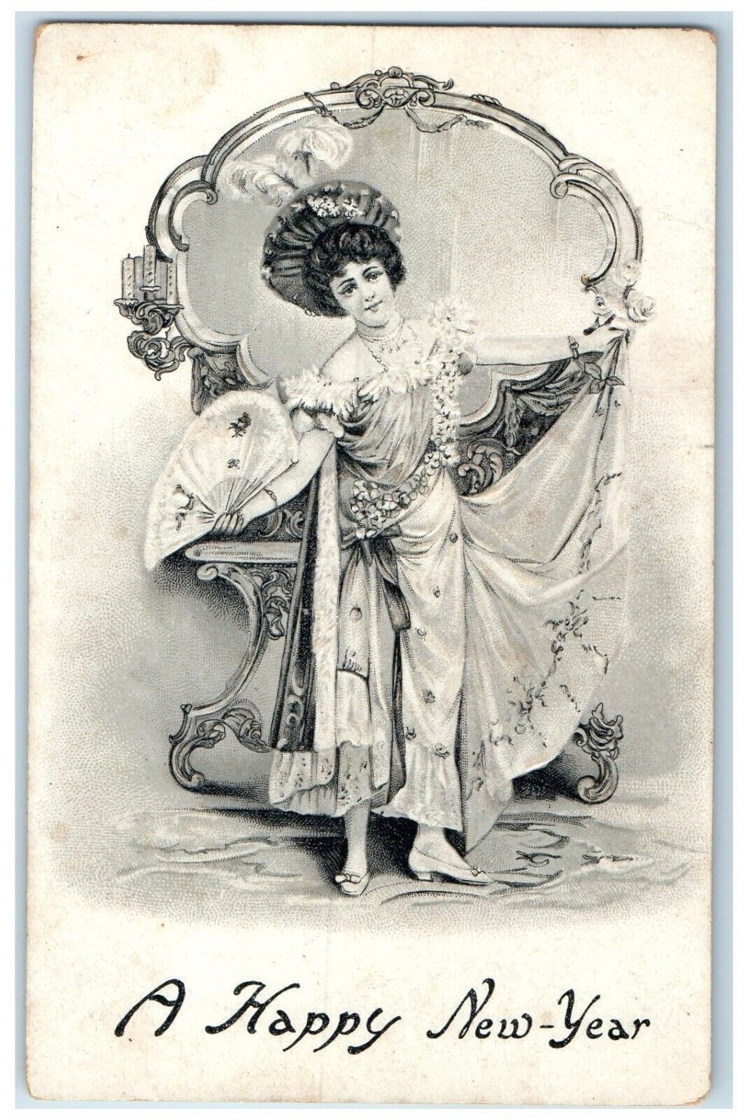 c1910\'s Happy New Year Pretty Woman Fan Mirror Embossed Antique Postcard