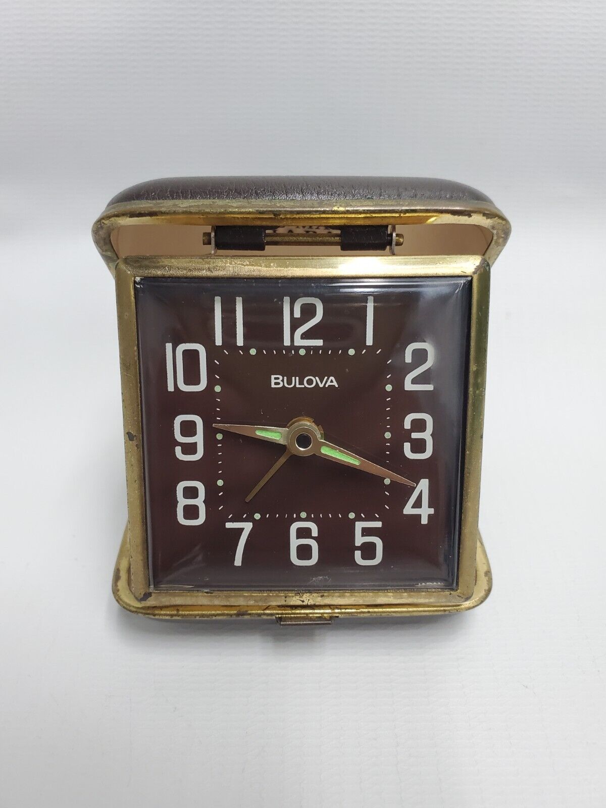Vintage Bulova 30 Hour Key Wind Travel Alarm Clock Brown with Gold Trim