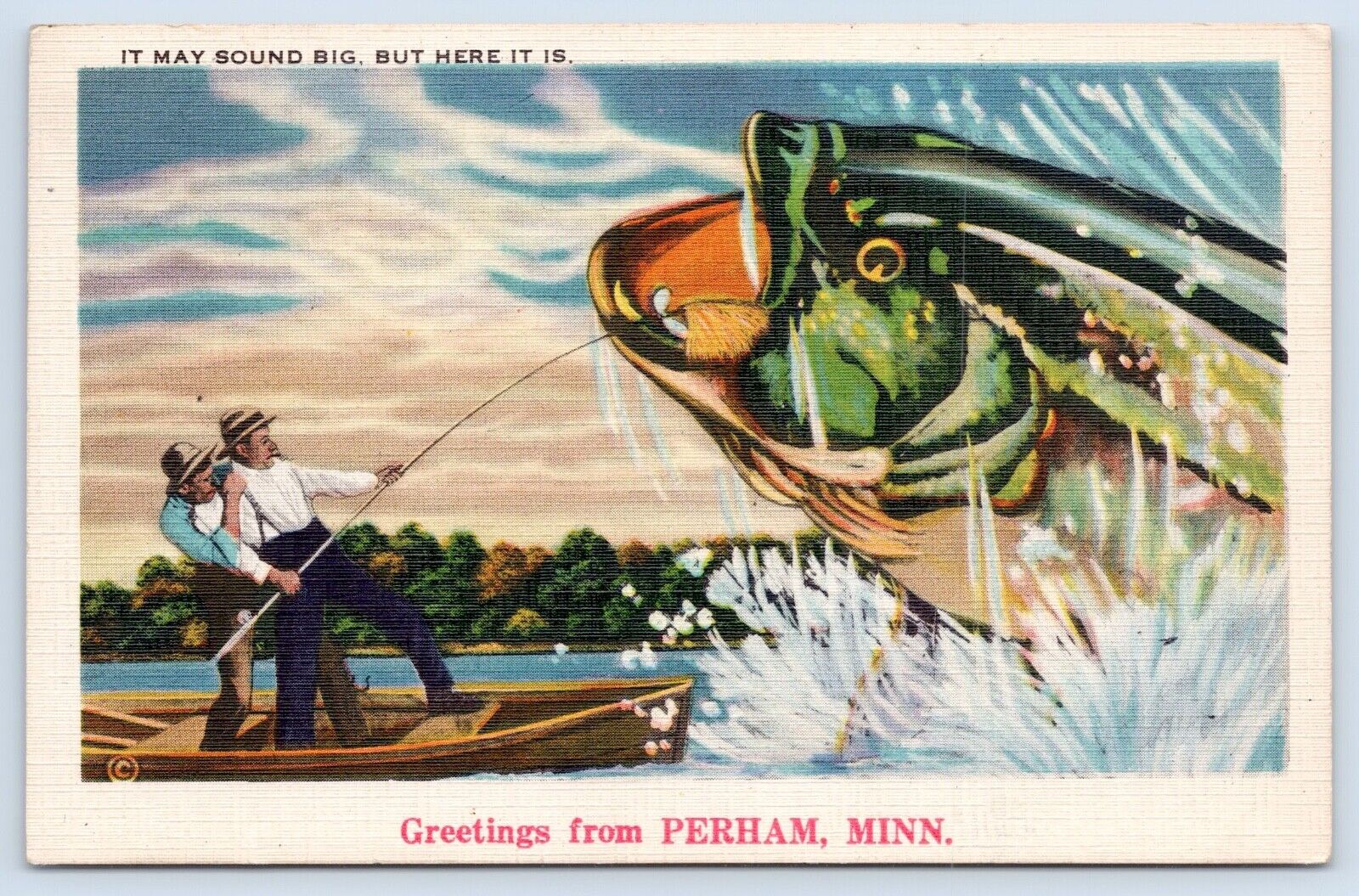Greetings From Perham MN Vintage Otter Tail County 1937 Exaggeration Postcard