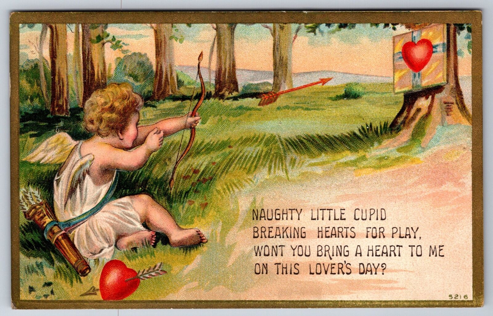 Holiday~Cupid Shooting At Gift On Tree Lover\'s Day Poem~Vintage Postcard