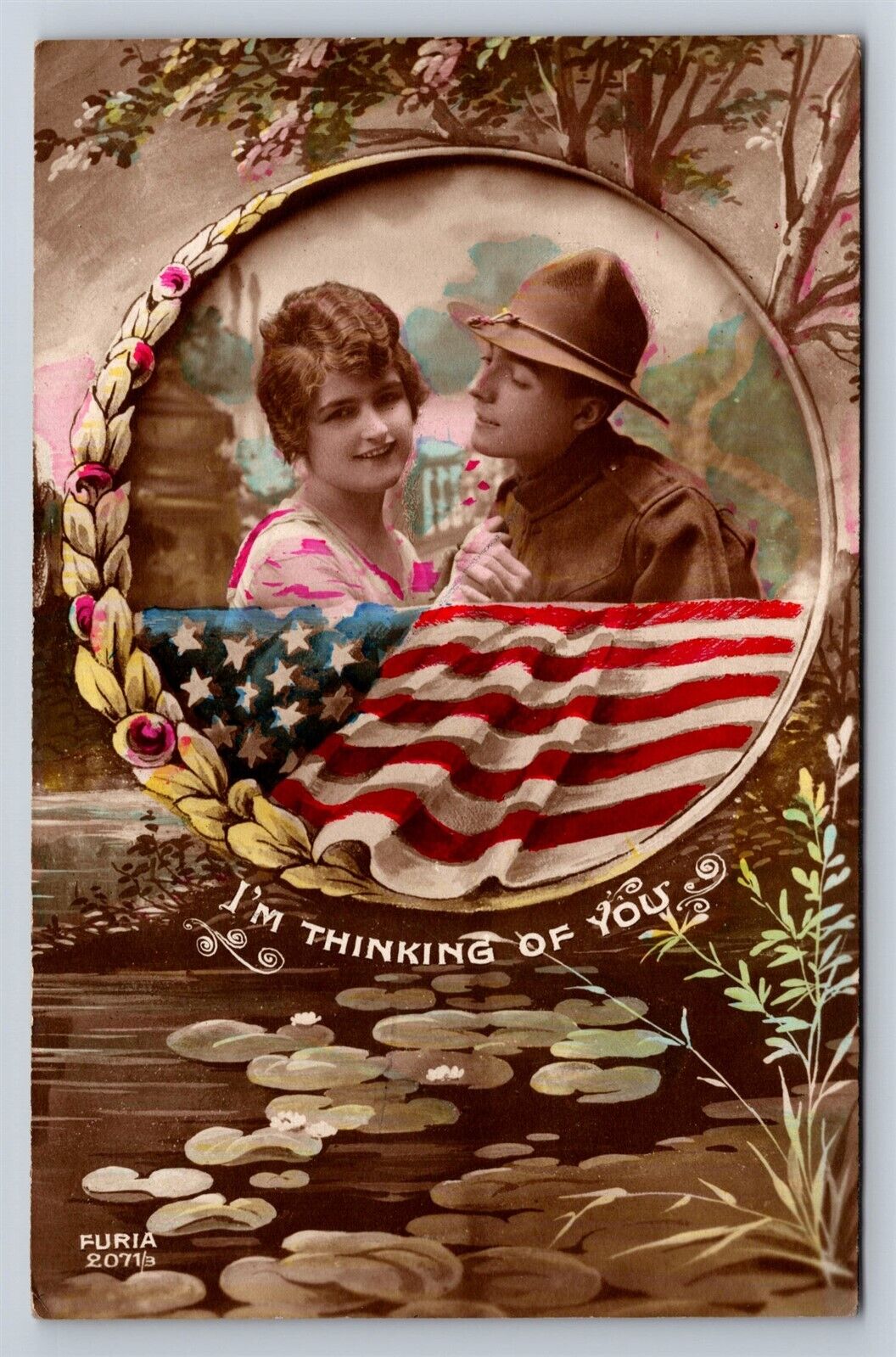 Postcard Patriotic WWI Doughboy AEF Soldier Woman Tinted RPPC Photo Flag AD26