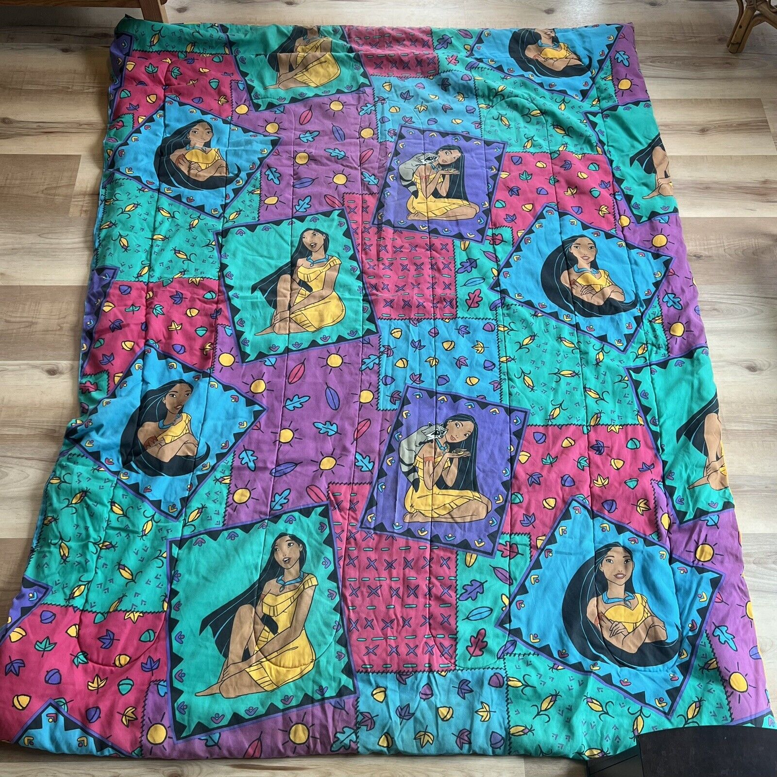 Vintage 90s Disney Pocahontas Reversible Twin Comforter Blanket 62x85 Colorful