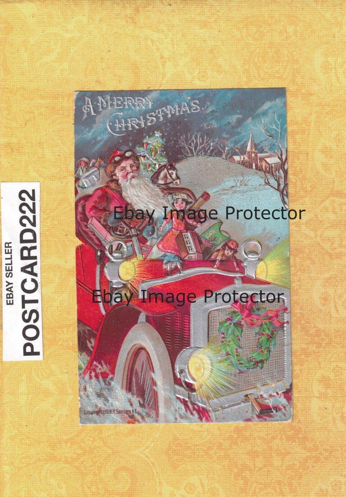 X topical postcard MERRY CHRISTMAS santa driving a car TO  Westbrook Conn Steinb