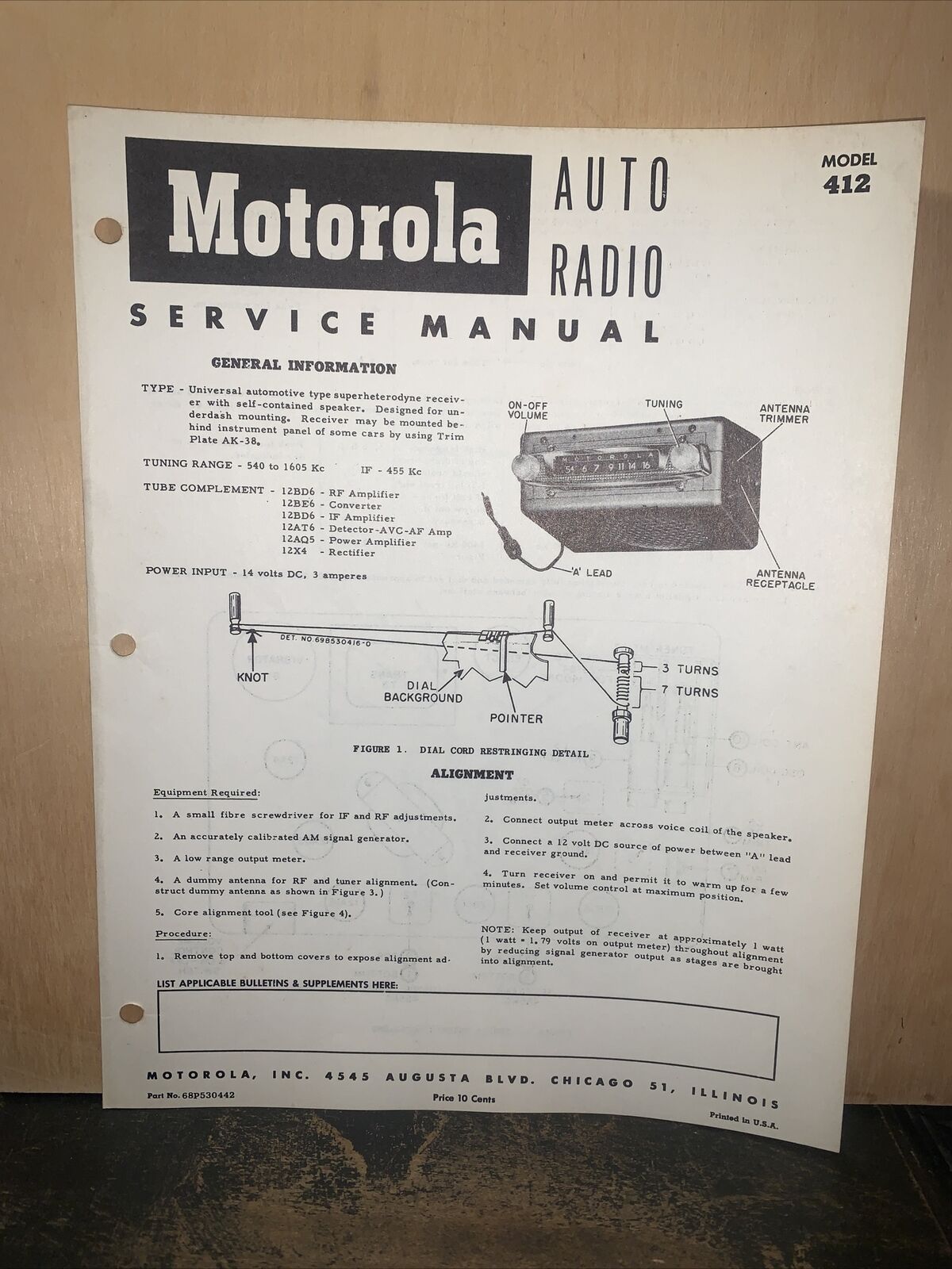 Motorola Auto Radio Model 412 Service Manual, Schematics.