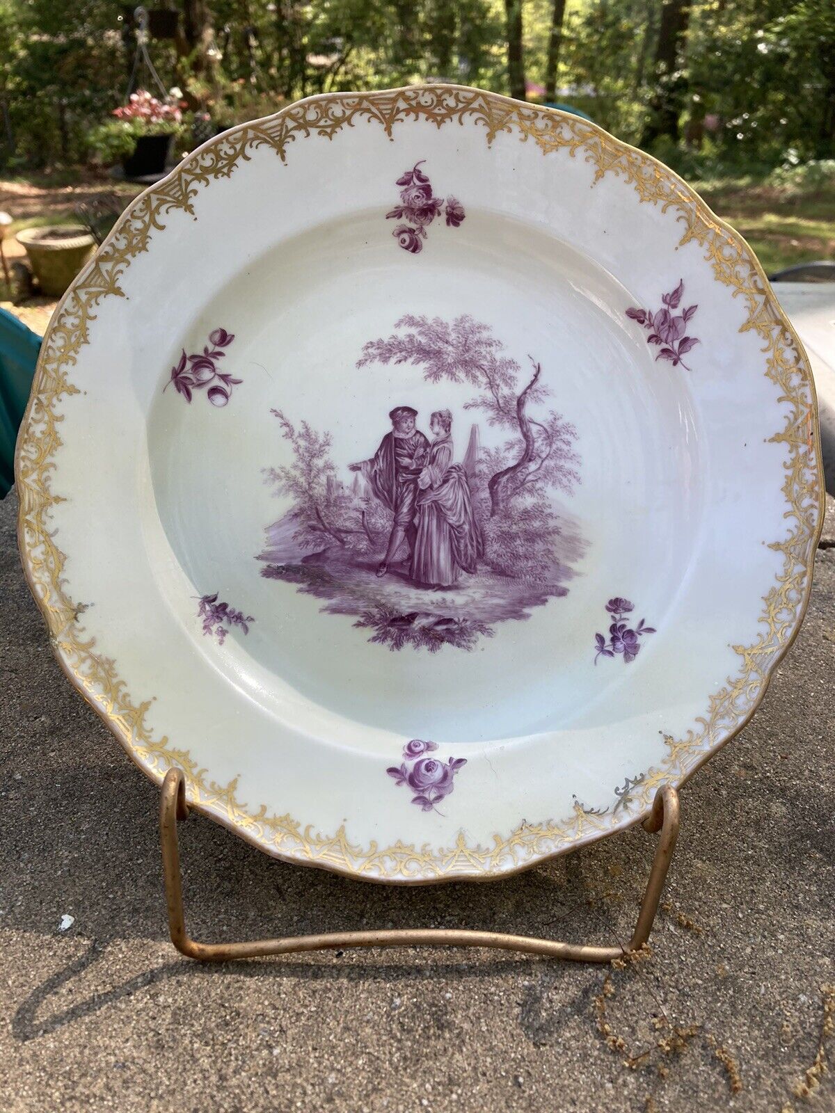 Antique Meissen Porcelain Soup Bowl Purple Victorian Couple 9.25\