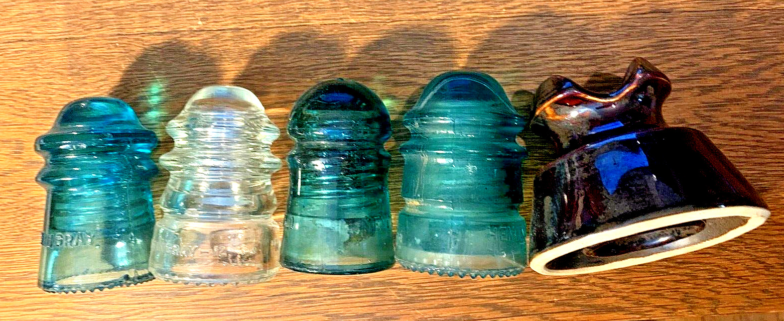 Lot of 5 vintage electric insulators Hemingray Brookfield glass ceramic